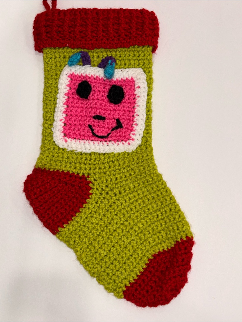 Handmade Kids Crochet Holiday Stocking in Green and Red with Pink Accent 17x8”